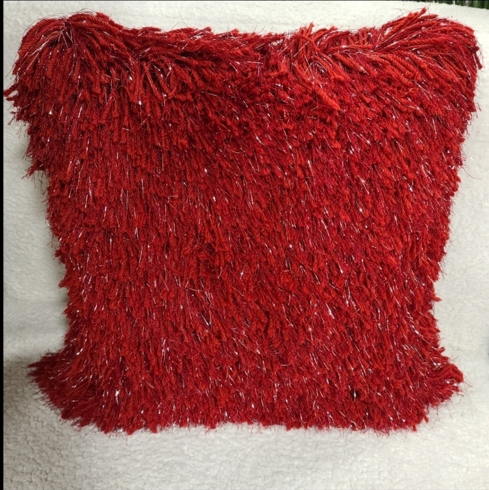 19x19 Valentines Red Shag Silver Tinsel Throw Pillow Decor by Celebrity Home NEW